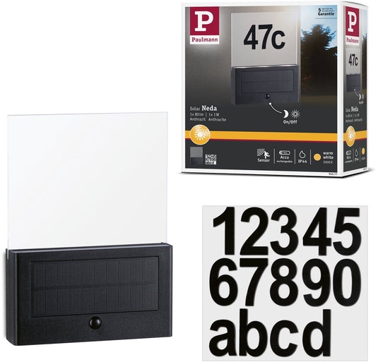 Paulmann solar led-huisnummerverlichting neda bewegingsmelder ip44 3000k 27lm antraciet
