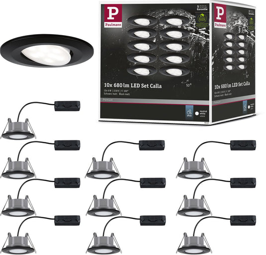 Paulmann led-inbouwlamp calla basisset zwenkbaar ip65 rond 90 mm 30° 10x6w 10x500lm 230v 4000k zwart mat