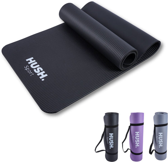 Hush sport - yogamat 180 x 60 cm - 8 mm dik dempend nbr - voor yoga, pilates fitness - inclusief handige draagband - lichtgewicht en oprolbaar - zwart