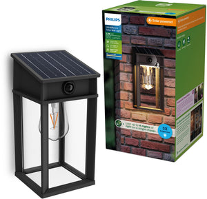 Philips led philips geri wandlamp - ultraefficient led - solar buitenlamp - warmwit licht 2700k - zwart - rechthoekig ontwerp - bewegingssensor - zonne-energie - schemersensor