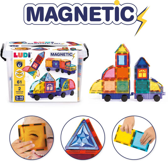 Ludi - magnetische panelen - magnetic tiles - thema voertuigen - 61 stukjes