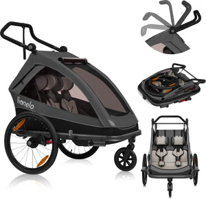 Lionelo cama 2in1 - fietsaanhanger en wandelwagen voor 2 persoons - zwart - all-terrain fietskar - hardloopkinderwagen - verstelbare vering - waterafstotend - inclusief accessoires - opvouwbaar - tot 2x22kg of 6 jaar - voor e-bikes en normale fietsen