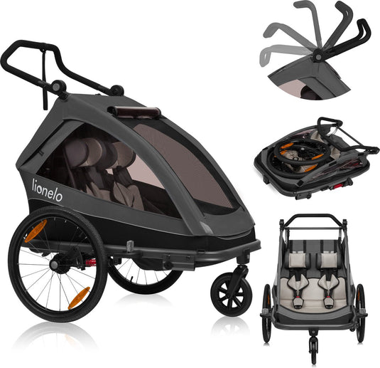Lionelo cama 2in1 - fietsaanhanger en wandelwagen voor 2 persoons - zwart - all-terrain fietskar - hardloopkinderwagen - verstelbare vering - waterafstotend - inclusief accessoires - opvouwbaar - tot 2x22kg of 6 jaar - voor e-bikes en normale fietsen