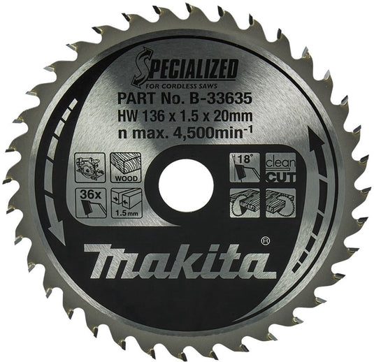 Makita cirkelzaagblad voor hout | specialized: accu | ø 136mm asgat 20mm 36t - b-33635