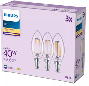 Philips filament kaarslamp helder 40w b35 e14 x3
