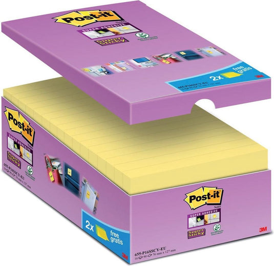 Post-it® value pack: super sticky notes, canary yellow™, 76mm x 127 mm, 14 blokken + 2 gratis