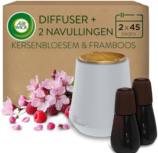 Air wick essential mist luchtverfrisser - cherry blossom - 1 wit apparaat + 2 navullingen