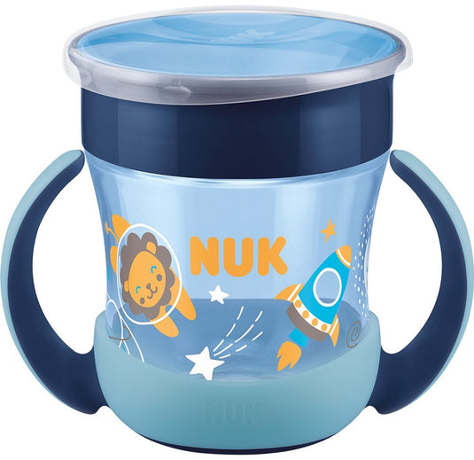 Nuk - baby- en peuterdrinkbeker - mini magic cup 160 ml blauw kunststof siliconen - drinkbeker - morsbestendig - glow-in-the-dark - leren drinken - 360 graden