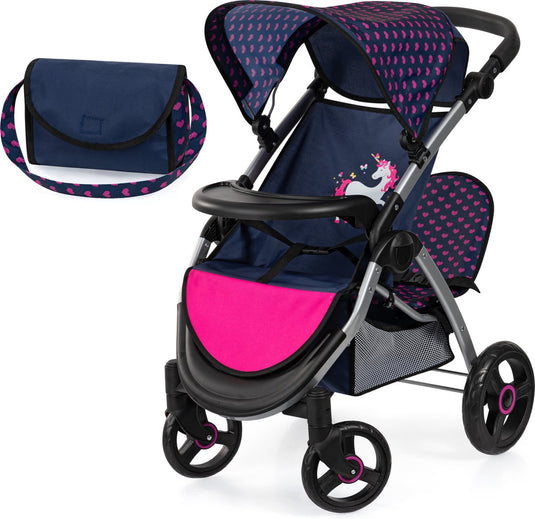Bayer design tweeling poppenwagen twin xeo, dubbele poppenwagen, verstelbare duwstang, tas