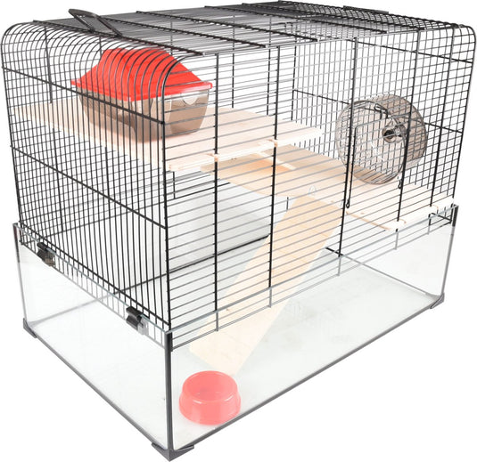 Flamingo hamsterkooi – vitru 2 – hamsterkooi met glazen bodem – complete kooi met looprad, platforms en accessoires – zwart – 59x38x47 cm – europese kwaliteit