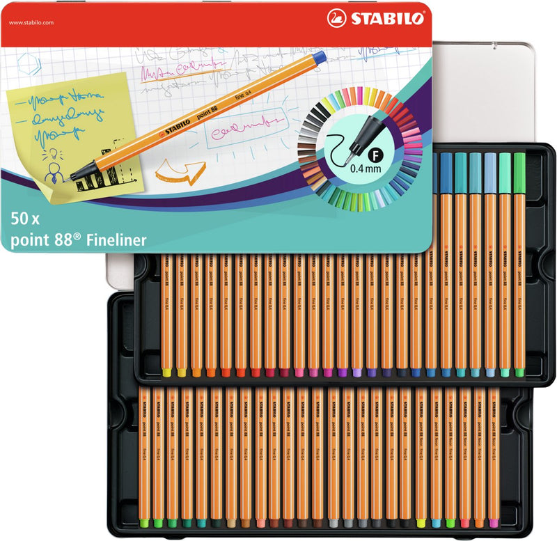 Afbeelding laden in galerijviewer, Stabilo point 88 - fineliner 0,4 mm - 50 stuks metalen etui - met 47 verschillende kleuren
