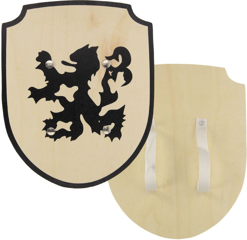 Afbeelding laden in galerijviewer, Playwood houten schild ridder leeuw met stoffen handvat speelgoed.
