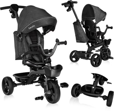 Lionelo kori - driewieler - kinderfiets 2 in 1 - tot 5 jaar - vanaf 9 maand - zeer licht - opvouwbaar - tot 25kg - draaibare zitting - verstelbare duwstang - veilige 3-punts gordel - vrije wiel en stuur - verstelbaar luifel met venster - grijs
