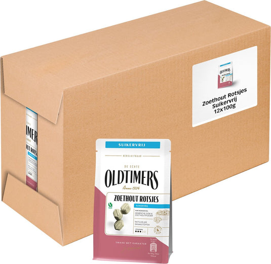 Oldtimers - drop - zoethout rotsjes suikervrij - 12 zakjes - 100 gram