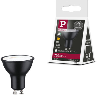 Paulmann standaard led spot gu10 - 230v - dimbaar - 750 lm - 8w - 4000k neutraal wit - zwart mat