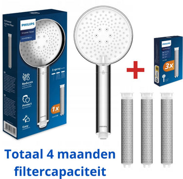 Philips douchekop + 3 douchefilters- total 4 filter voor 4 maanden huid en haar beschermen- top kwaliteit-bekende merk