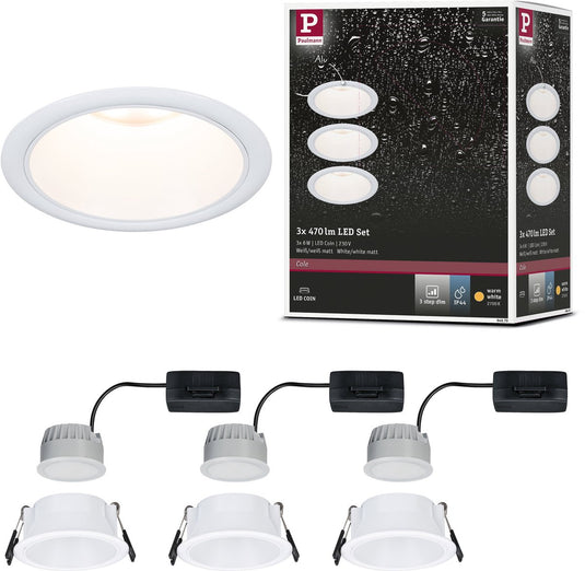 Paulmann led-inbouwlamp 3-step-dim cole coin set van 3 ip44 rond 88 mm coin 3x6w 3x470lm 230v dimbaar 2700k wit