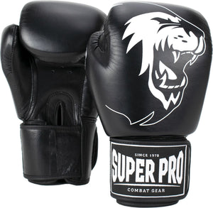 Super pro combat gear warrior lederen (kick)bokshandschoenen zwart wit 14oz