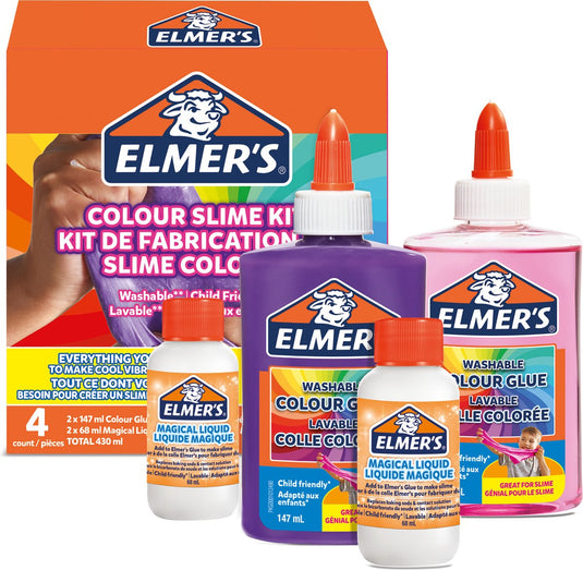 Elmer's kleurslijmpakket | slijmmaterialen bevatten uitwasbare kleur-pva-lijm | diverse kleuren | met tovervloeistof slijmactivator | 4-delig slime pakket