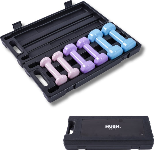 Hush sport - dumbbells kofferset 6 kg - 6 halters (2x 0,5kg, 2x 1kg, 2x 1,5kg) - vinyl coating met antislip grip - inclusief handige opbergkoffer - voor krachttraining, fitness yoga