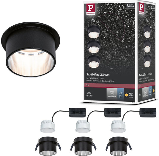 Paulmann led-inbouwlamp 3-step-dim gil coin basisset ip44 rond 68 mm coin 3x6w 3x470lm 230v dimbaar 2700k zwart mat, staal geborsteld