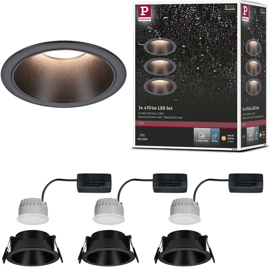 Paulmann led-inbouwlamp 3-step-dim cole coin set van 3 ip44 rond 88 mm coin 3x6w 3x470lm 230v dimbaar 2700k zwart