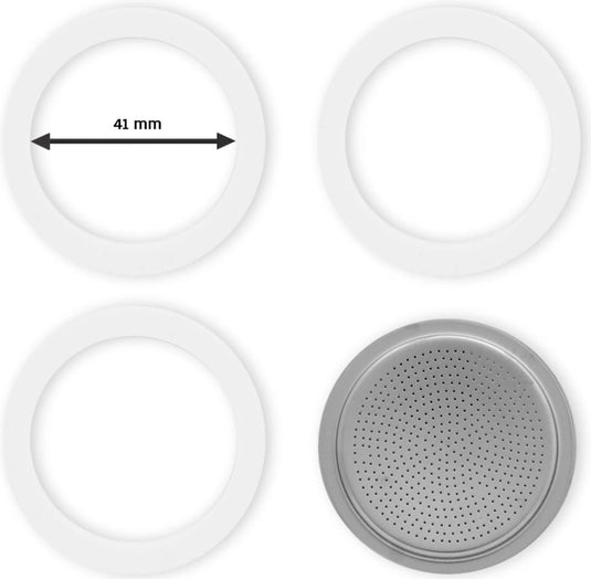 Bialetti - set filterplaatje aluminium (41mm) - voor de moka express en moka induction, 2 kops - inclusief 3 rubberen ringen (binnenmaat ring 41mm)