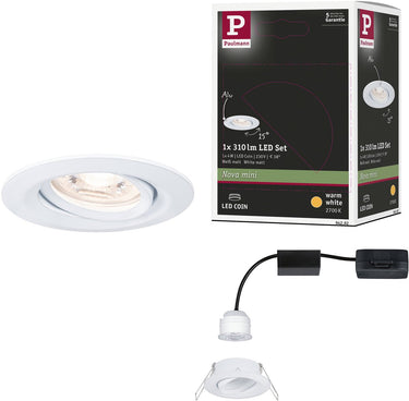 Paulmann led-inbouwlamp nova mini coin enkele lamp zwenkbaar rond 66 mm 15° coin 4w 310lm 230v 2700k wit mat