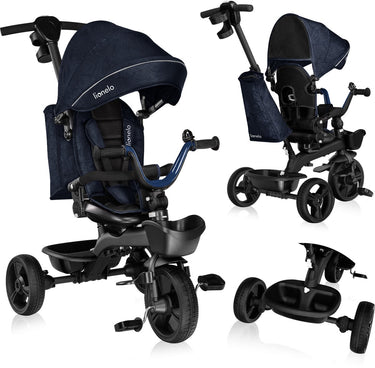 Lionelo kori - driewieler - kinderfiets 2 in 1 - tot 5 jaar - vanaf 9 maand - zeer licht - opvouwbaar - tot 25kg - draaibare zitting - verstelbare duwstang - veilige 3-punts gordel - vrije wiel en stuur - verstelbaar luifel met venster - blauw