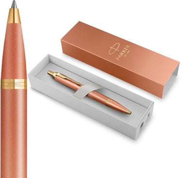 Parker im writing rituals balpen | verfrissend oranje afwerking met kleurverloop en gouden details | medium penpunt | blauwe inkt | geschenkverpakking