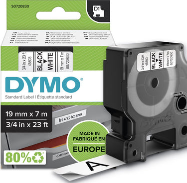 Dymo tapes d1 polyester 19mmx7m zwart-wit glanzend