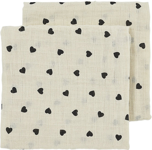 Meyco baby sweet heart pre-washed hydrofiele doeken - 2-pack - pre-washed hydrofiel - soft sand black - 70x70cm