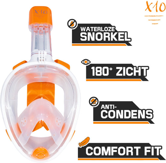 X10 snorkelmasker - duikbril - snorkel - snorkelset - full face masker - volwassenen - oranje - s m