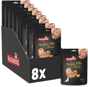 Rosewood chicken fillet strips small - hondensnack voor kleine honden - 97% kip - eiwitrijk vetarm - zonder kunstmatige toevoegingen - 8 zakjes à 150g