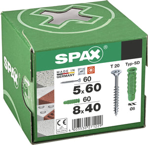 Spax pluggen type sd 8 x 40 mm + universele schroef, 5 x 60 mm, verzonken kop, deeldraad, t-star plus t20, wirox, 60 + 60 stuks - 5000001200025