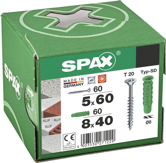 Spax pluggen type sd 8 x 40 mm + universele schroef, 5 x 60 mm, verzonken kop, deeldraad, t-star plus t20, wirox, 60 + 60 stuks - 5000001200025