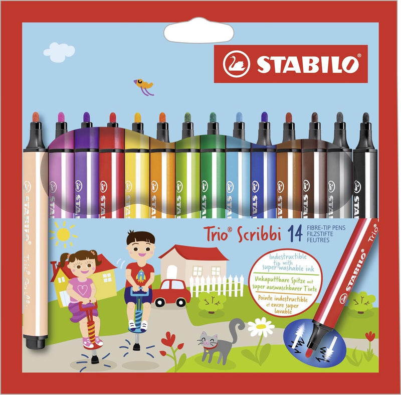 Afbeelding laden in galerijviewer, Stabilo trio scribbi - ergonomische viltstift - onverwoestbaar door meeverende schrijfpunt - etui met 14 kleuren
