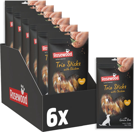 Rosewood trio sticks kip small - kauwstaven voor kleine honden - met kip runderhuid - graanvrij - zonder kunstmatige toevoegingen - 6 zakjes à 10 kauwstaven