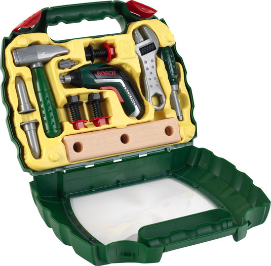 Klein toys bosch mini speelgoed ixolino ii werkkoffer - accu-schroevendraaier en meer gereedschap - incl. geluids- en lichteffecten - groen geel