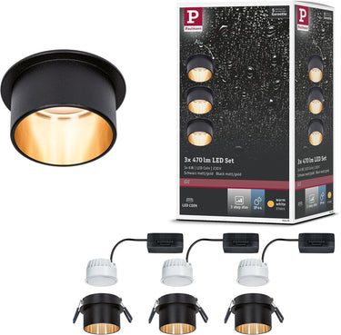 Paulmann led-inbouwlamp 3-step-dim gil coin basisset ip44 rond 68 mm coin 3x6w 3x470lm 230v dimbaar 2700k zwart mat, goud