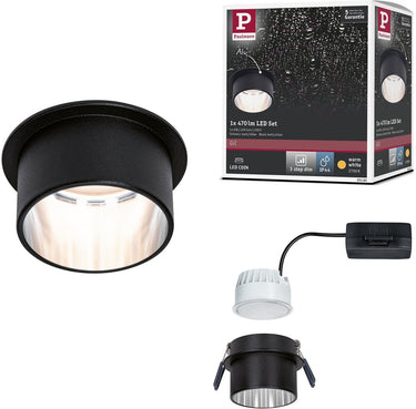 Paulmann led-inbouwlamp 3-step-dim gil coin ip44 rond 68 mm coin 6w 470lm 230v dimbaar 2700k zwart mat, staal geborsteld