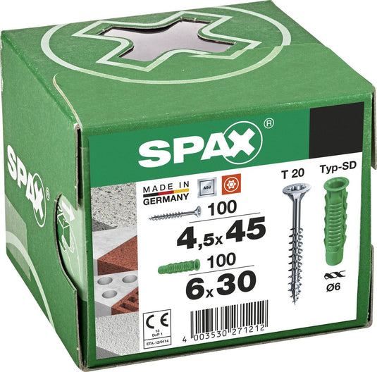 Spax pluggen type sd 6 x 30 mm + universele schroef, 4,5 x 45 mm, verzonken kop, deeldraad, t-star plus t20, wirox, 100 + 100 stuks - 5000001200015