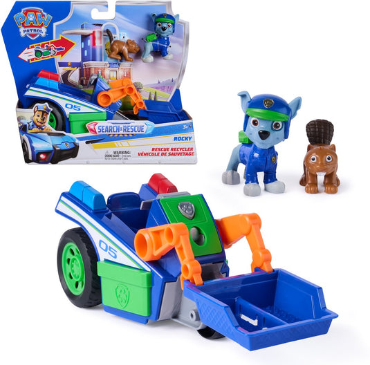 Paw patrol - search rescue - rocky's recyclevoertuig met 2 figuren terugtrekfunctie - speelgoedvoertuigen