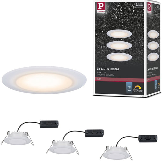 Paulmann premium led-inbouwlamp dim to warm suon basisset ip44 rond 90 mm 3x5w 3x450lm 230v dimbaar dim to warm satijn, wit