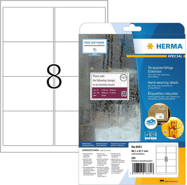 Herma special - extra starke, selbstklebende, matte versandetiketten aus polyesterfolie - weiß - 99,1 x 67,7 mm 200 eti