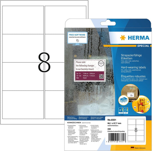 Herma special - extra starke, selbstklebende, matte versandetiketten aus polyesterfolie - weiß - 99,1 x 67,7 mm 200 eti