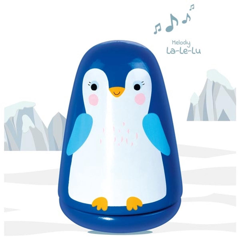 Afbeelding laden in galerijviewer, Goki muziekdoos: goedenacht kleine pinguin h11,5xdiam,7,5cm, melodie la-le-lu, in hout
