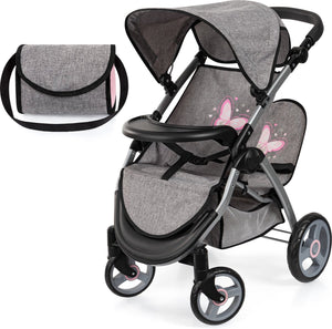 Bayer design tweeling poppenwagen twin xeo, dubbele poppenwagen, verstelbare duwstang, tas in jeans-grijs, roze