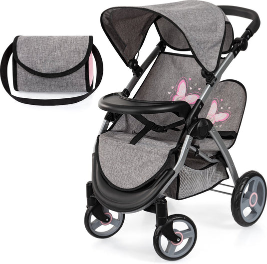Bayer design tweeling poppenwagen twin xeo, dubbele poppenwagen, verstelbare duwstang, tas in jeans-grijs, roze