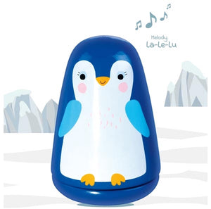 Goki muziekdoos: goedenacht kleine pinguin h11,5xdiam,7,5cm, melodie la-le-lu, in hout